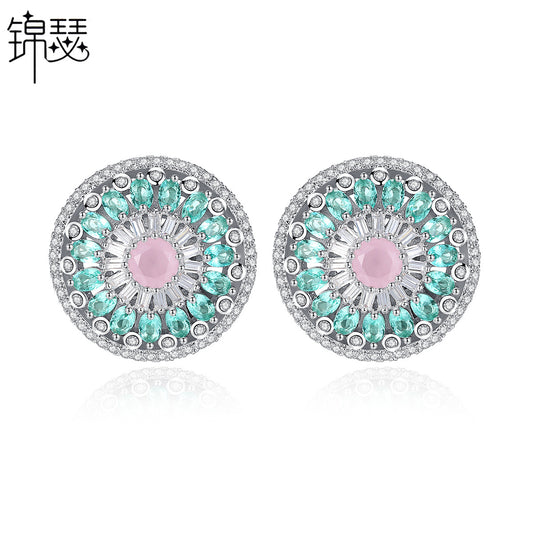 Round Earrings with Pink Zircon Floral Design