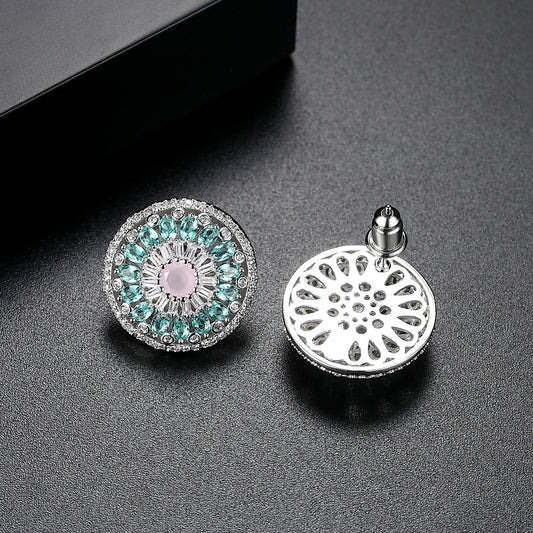 Round Earrings with Pink Zircon Floral Design