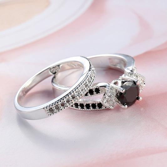 Black Zircon Couple Ring Set 925 Sterling Silver Daily Wear