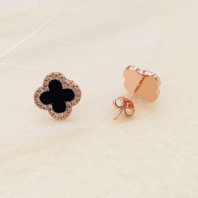 Rose Gold Four Leaf Clover Earrings with Diamond Border