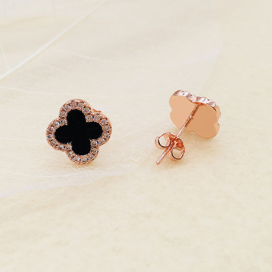 Rose Gold Four Leaf Clover Earrings with Diamond Border