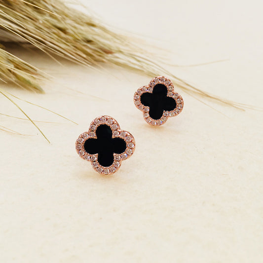 Rose Gold Four Leaf Clover Earrings with Diamond Border