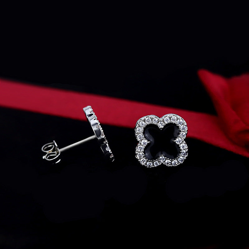 Rose Gold Four Leaf Clover Earrings with Diamond Border