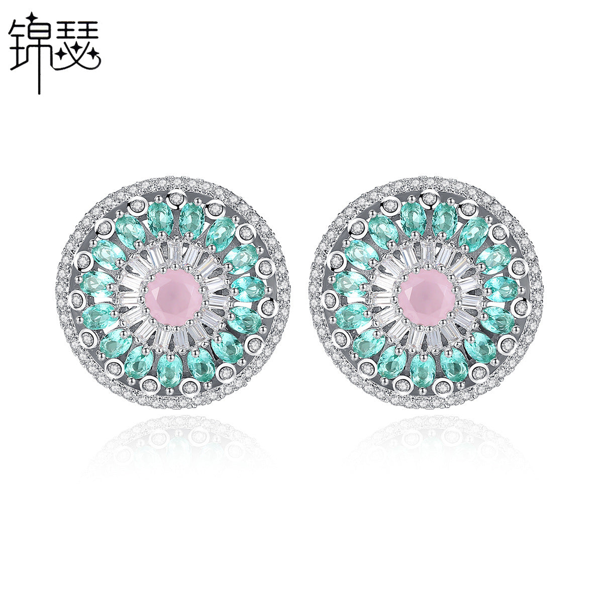 Round Earrings with Pink Zircon Floral Design