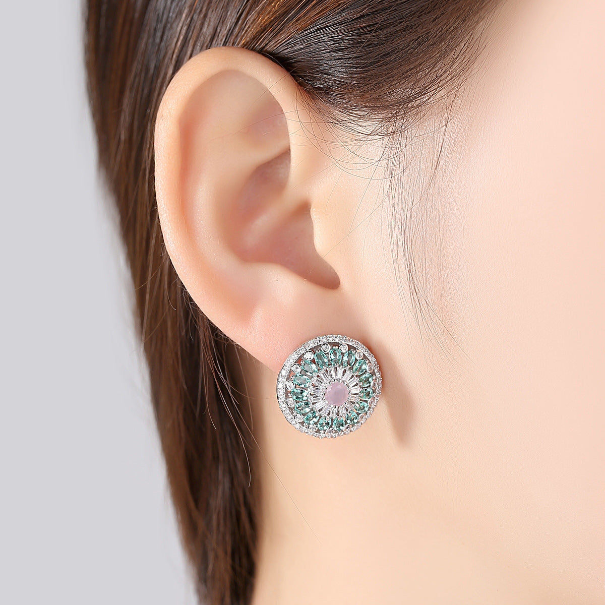 Round Earrings with Pink Zircon Floral Design