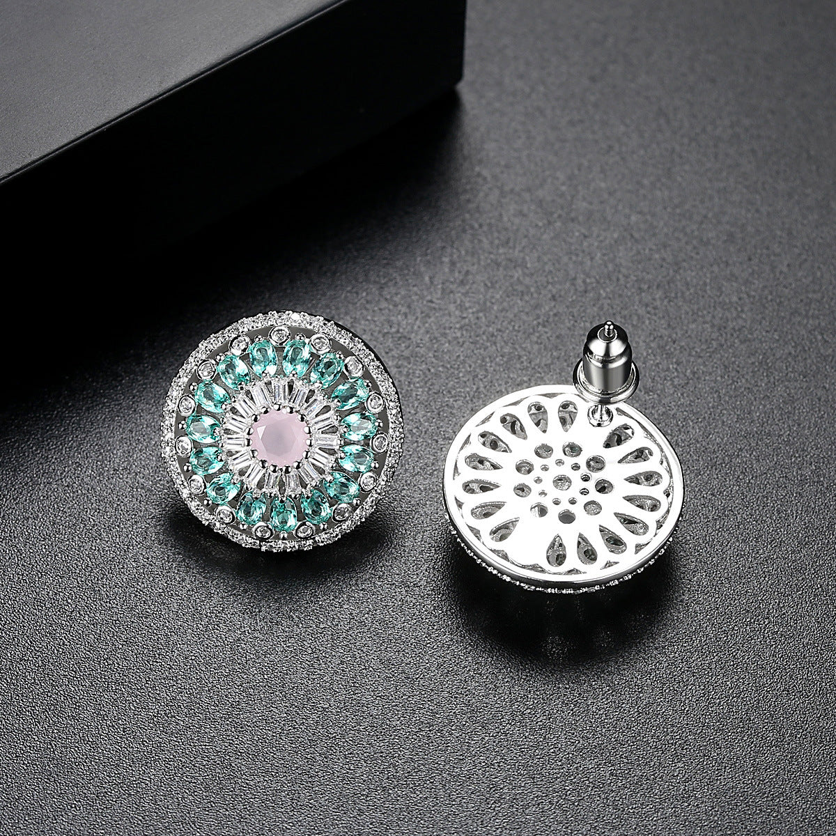 Round Earrings with Pink Zircon Floral Design