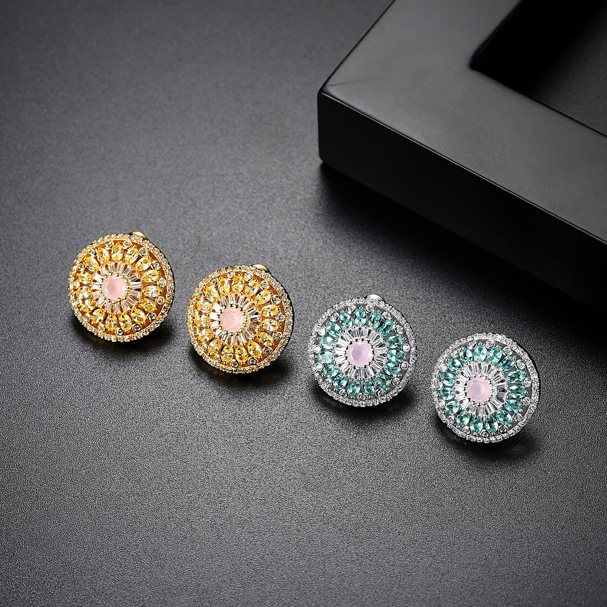 Round Earrings with Pink Zircon Floral Design