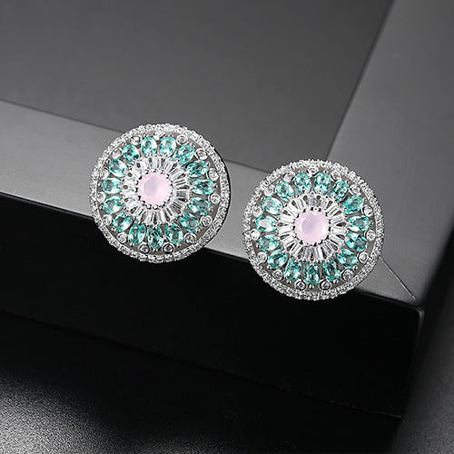 Round Earrings with Pink Zircon Floral Design