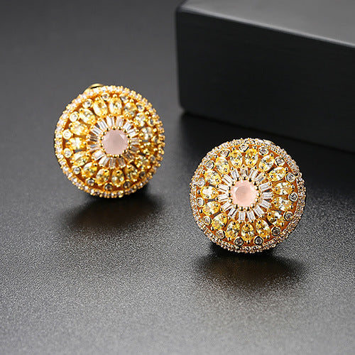 Round Earrings with Pink Zircon Floral Design